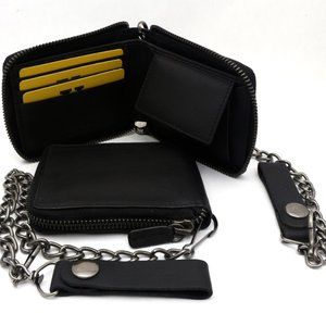 Bifold Black Genuine Leather Scale Texture Zip-Around Wallet with a Chain
